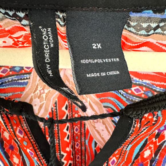 New Direction Womens Blouse Top Size 2X Flowy Geo Print Beaded Tassel Red - Picture 2 of 8